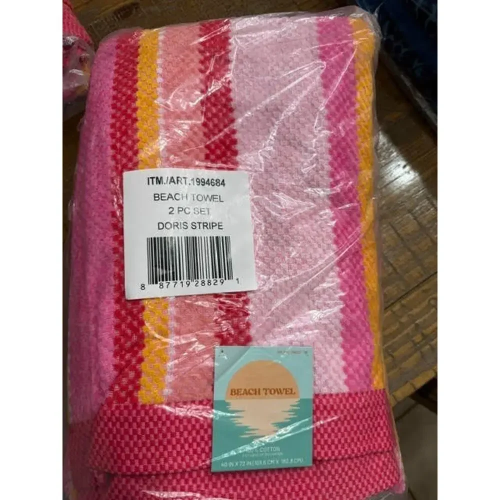 2 Pack New Welspun Doris Stripe Beach Towels 2 Pack 40x72 Pink 100% Cotton